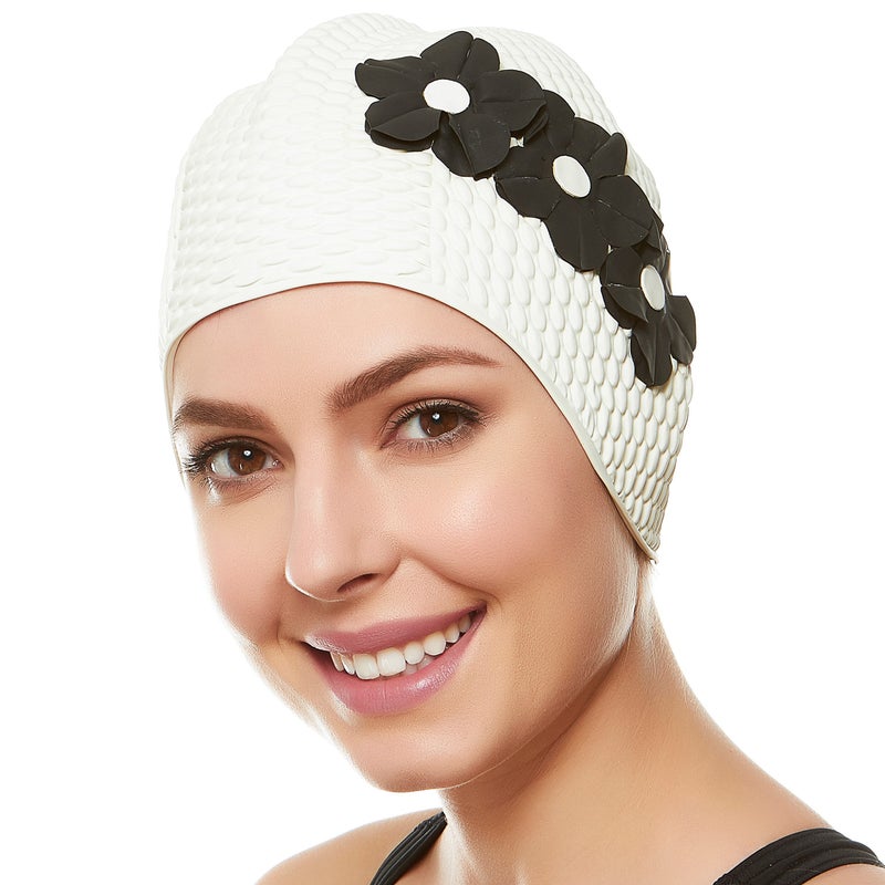 Beemo Latex Swimming Cap for Women, Swim Cap for Long Hair or Short Hair, Bath & Swim Caps to Shield Hair from Damage, Use as Large Shower Cap, White Swimming Cap with Black Flowers - Image 1